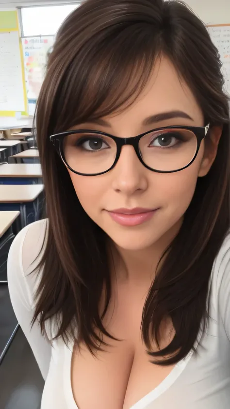 Imagen de 16k, hermosa profesora con gafas, con un hermoso cuerpo, teaching inside a classroom full of former male students., ella esta mirando con mirada traviesa