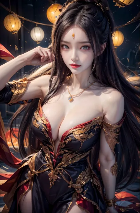 realistic, 1 women, best quality, 12k, HD, long hair, big round breasts, cleavage, ponytail, necklace, jewelry, shorts, short jacket, slim hips, hair tie, yellow eyes, black hair, super detailed, Eye details, hair details, person details, mouth details, fa...