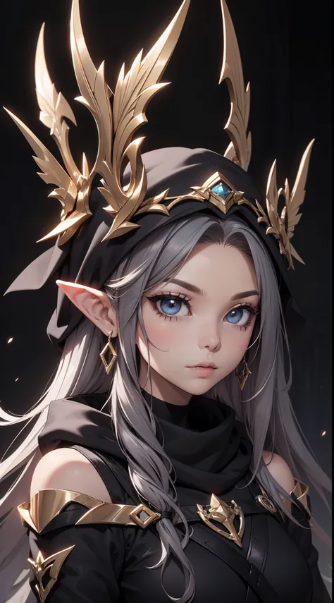 White elf girl, dark grey hair color, very long flowing hair, grey eye color, small eyes, round eye shape, eyeliner, realistic face shape. black shirt, portrait, wearing a black hood, black background, Depth of Field. looking at camera, dreamy look detaile...