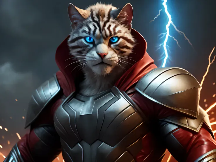 wallecat as thor, portrait, cat, blue eyes, the god, portrait, superhero suit, red cloak, marvel, thunder, asgard city on the ba...