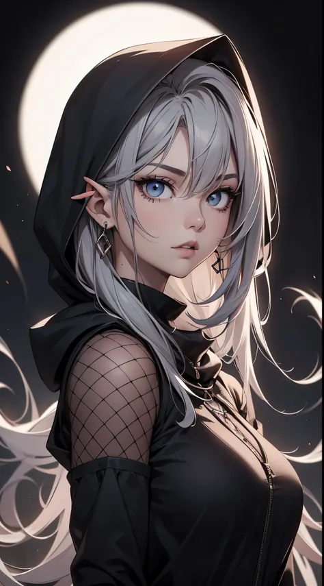 White elf girl, dark grey hair color, very long flowing hair, grey eye color, small eyes, round eye shape, eyeliner, realistic face shape. black shirt, portrait, wearing a black hood, black background, Depth of Field. looking at camera, dreamy look detaile...