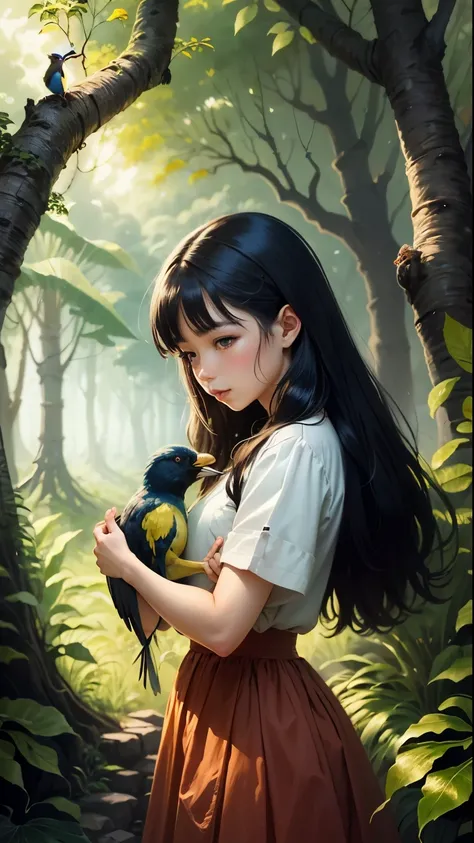 a painting of a girl hugging a bird in the jungle, a storybook illustration by Masamune Shirow, featured on pixiv, primitivism, furaffinity, pixiv, official art