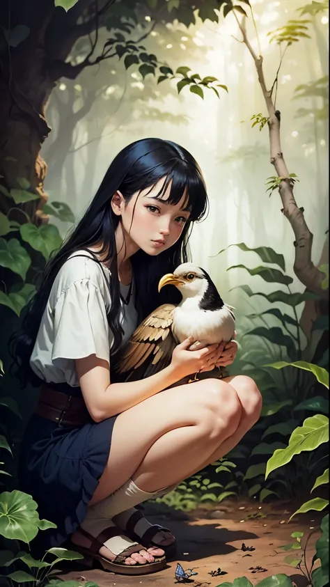 a painting of a girl hugging a bird in the jungle, a storybook illustration by Masamune Shirow, featured on pixiv, primitivism, furaffinity, pixiv, official art