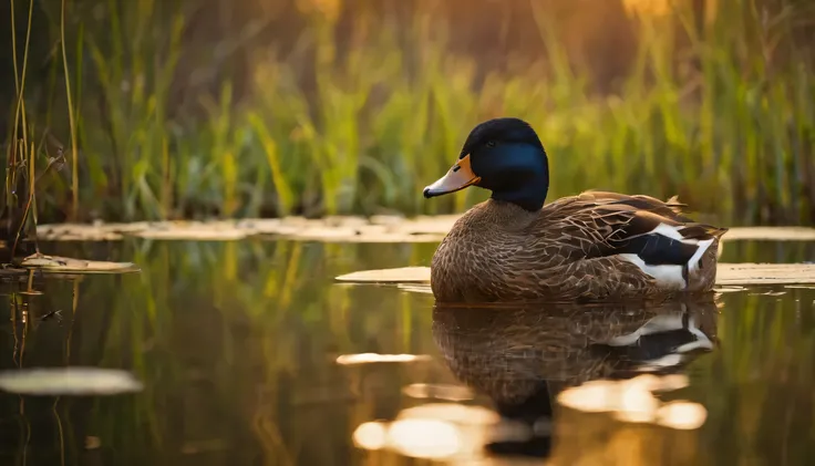 Spring Nesting: Picture a serene pond with lush vegetation along the waters edge. A mother duck is carefully concealing her nest among the tall grasses, surrounded by the promise of new life.