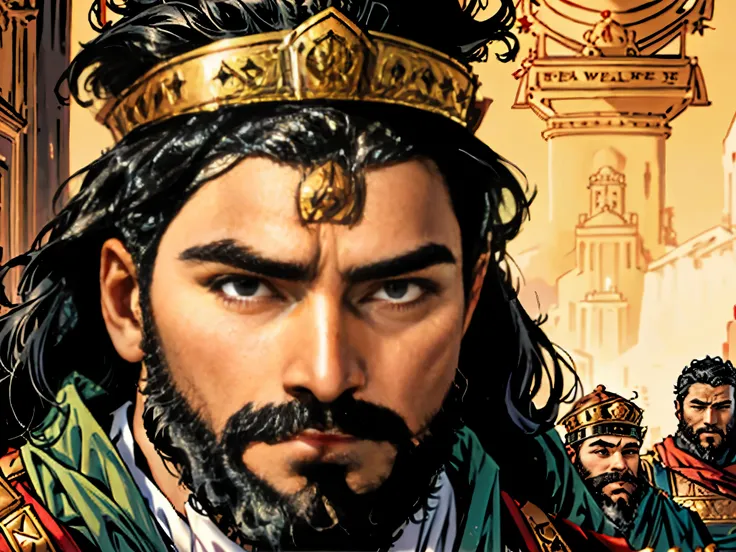 a king with a beard and black hair with a crown on his head looking forward. In the background there is another king looking forward.