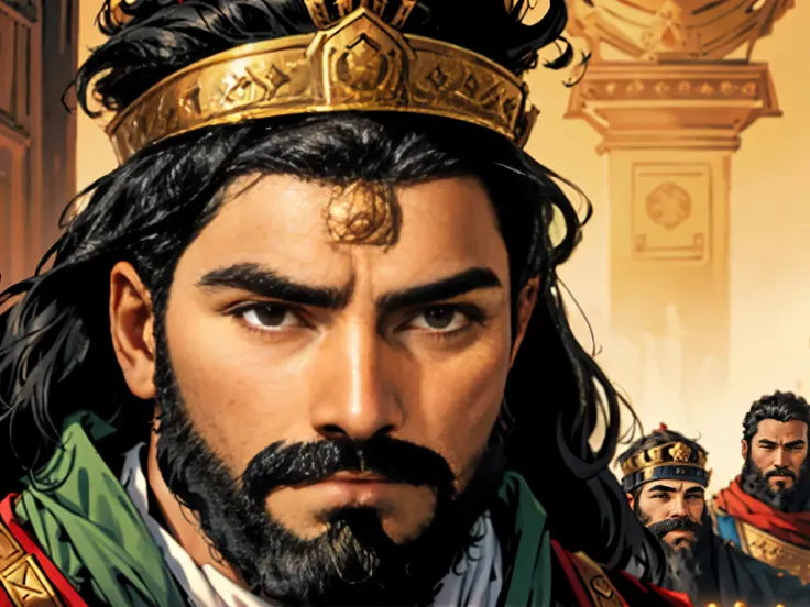 a king with a beard and black hair with a crown on his head looking forward. In the background there is another king looking forward.