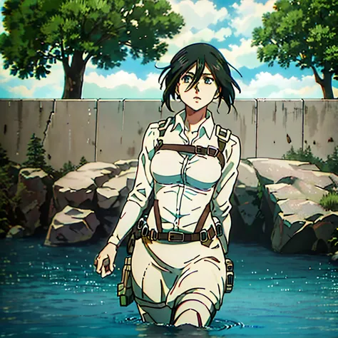 Hermosa chica mikasa ackerman, usando biquini blanco, lago cristalino, hermoso paisaje de fondo