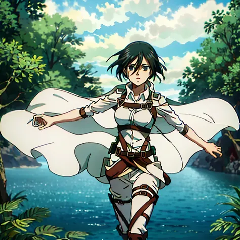 Hermosa chica mikasa ackerman, usando biquini blanco, lago cristalino, hermoso paisaje de fondo