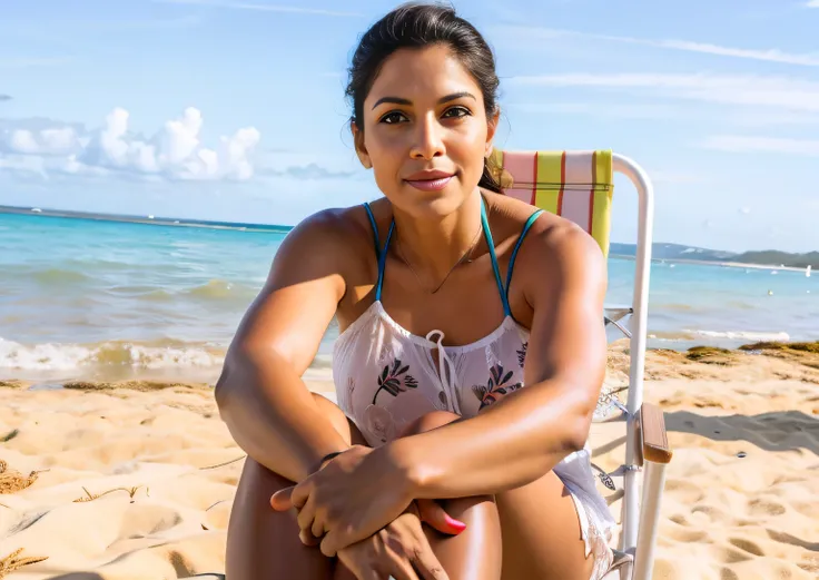 woman sitting on a chair na praia, sitting na praia, sitting na praia, posing na praia, em uma praia, foto de praia, na praia, em uma praia ensolarada, in a sun lounger, 30 anos, relaxing na praia, is relaxing on a beach, em uma praia tropical. Mulher bras...