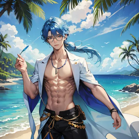 An alluring man, endowed with long flowing blue hair, dons Hawaiian attire, evoking a sense of tropical serenity. His radiant white skin glows under the sun, shielded by smoked glasses, their tinted lenses hiding his piercing blue eyes. The athletic contou...