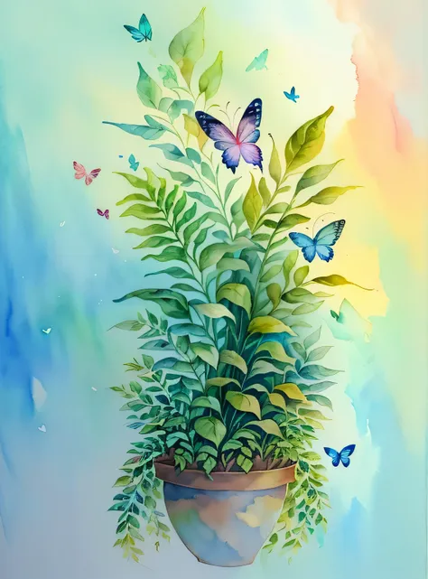 (aquarela，pintura de um，plants fly around，harmonia da borboleta，obra de arte，a beautiful art illustration，beautiful digital illu...