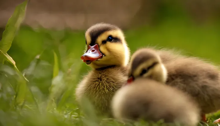 Hatching Ducklings: Imagine a heartwarming scene where a cluster of adorable ducklings emerges from their eggs, their fluffy bodies basking in the sunlight. The protective mother looks on as they tentatively explore their surroundings.