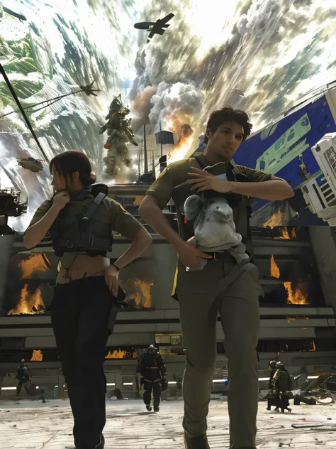 there are two people running from a fire, photo realistic, hyper realistic, man carrying alien animal from fire, evacuation of a building on fire, fire fighters directing an evacuation, Futuristic space colony, depicted as a scifi scene, hyper realistic, i...