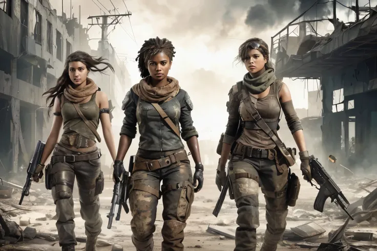 three women in army uniforms walking through a destroyed city, post - apocalyptic warriors, post - apocalyptic style, postapocalyptic style, post apocalyptic, postapocalyptic vibes, postapocalyptic, post - apocalyptic, post-apocalyptic, post apocalyptic at...