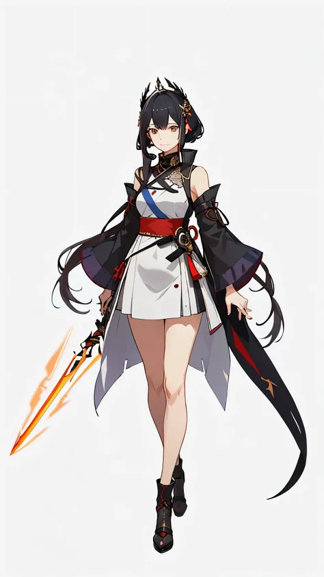 a woman in a dress holding a dagger and a dagger, video game character, from arknights, fox nobushi holding a dagger, hajime yatate, keqing from genshin impact, black haired deity, with small sword, ayaka genshin impact, female action anime girl, official ...