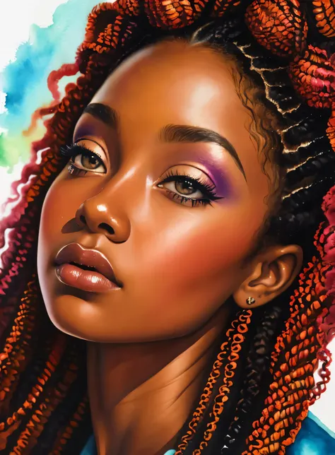 pintura de uma mulher com cabelos cacheados no cabelo, inspirado em chinwe chukwuogo-roy,  preta bonita, garota afro-americana, ...