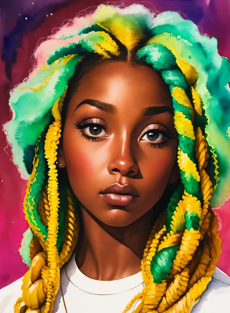 pintura de uma mulher com cabelos cacheados no cabelo, inspirado em chinwe chukwuogo-roy,  preta bonita, garota afro-americana, ...