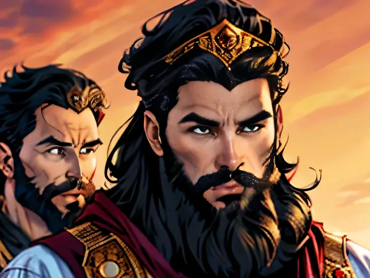 a king with a beard and black hair with a crown on his head looking forward. In the background there is another king looking forward.