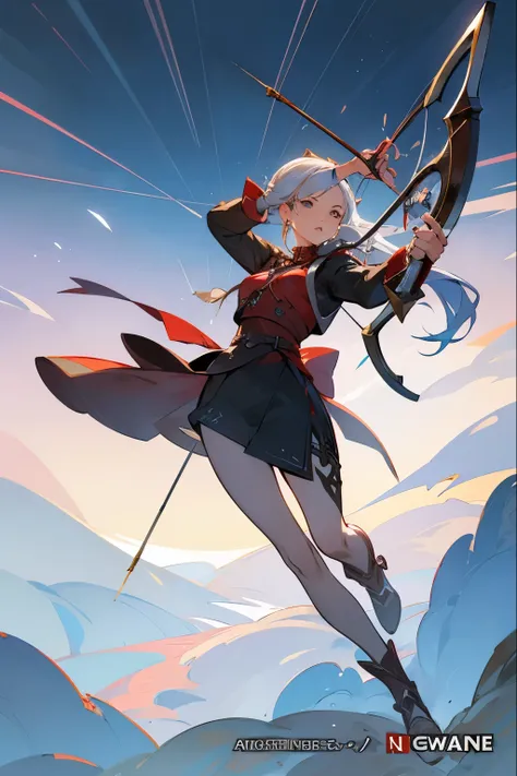 masterpiece, perfect anatomy, amazing quality, 1 woman holding bow, archer, official illustration, game art, ffxiv, action pose, bow and arrow