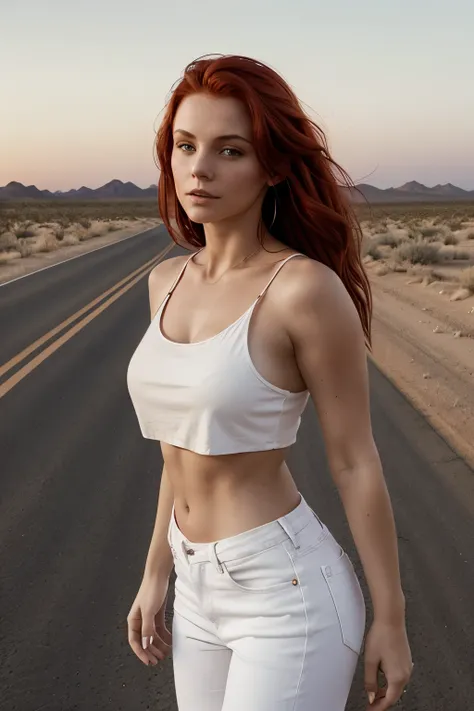 beautiful woman, red hair, loose white crop top, jeans, desert road at sunset, low angle, dark sunset, late sunset, dark red lighting, red lighting, warm lighting, crepuscular lighting, sunset glow, portrait, portrait of a beautiful woman in a white croppe...