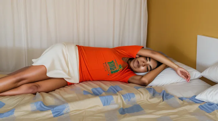 There is a woman Deitado na cama with pillow, Deitado na cama, enquanto posava na mesma cama, posando na cama, Deitado na cama, recostado na cama, pose relaxada, vestindo uma camiseta laranja, vestindo uma camiseta laranja, Deitado na cama, sleepy expressi...