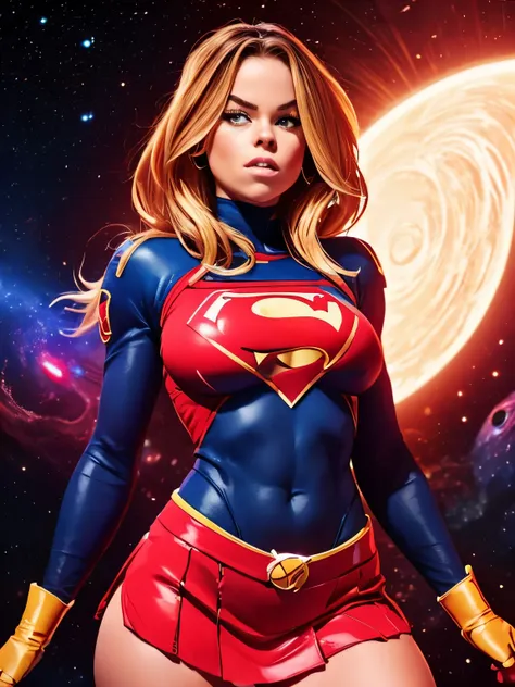 (((comic style, cartoon art))). ((1 girl)), lonly, solo, a comic-style image of supergirl a hot hero girl, with her as the centr...