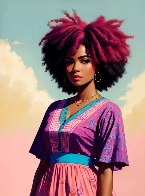 An illustration of an African American woman with natural hair, no estilo de Ross Tran, rosa e azul, Jessica Drossin, estampas em negrito, Miguel Malm, ousado, mas gracioso, traditional bold —ar 2:3 - em 5