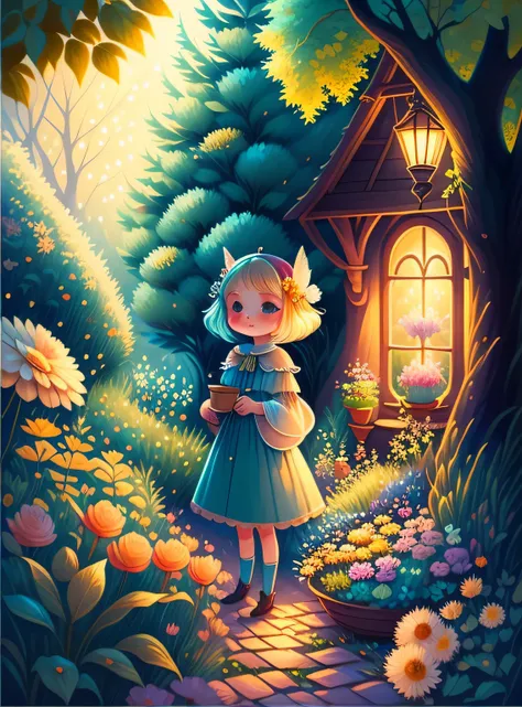 jardim de sonho, trees, Flores, Bonito, cabelos de cores claras, olhos azuis, teia, a fairy tale illustration, Uma obra-prima sob luz brilhante, arte deslumbrante, lamparina! A arte da magia, arte de conto de fadas, arte inspiradora, obras de arte requinta...