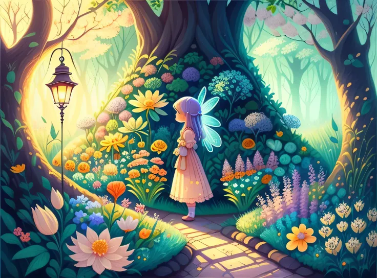 jardim de sonho, trees, Flores, Bonito, cabelos de cores claras, olhos azuis, teia, a fairy tale illustration, Uma obra-prima sob luz brilhante, arte deslumbrante, lamparina! A arte da magia, arte de conto de fadas, arte inspiradora, obras de arte requinta...