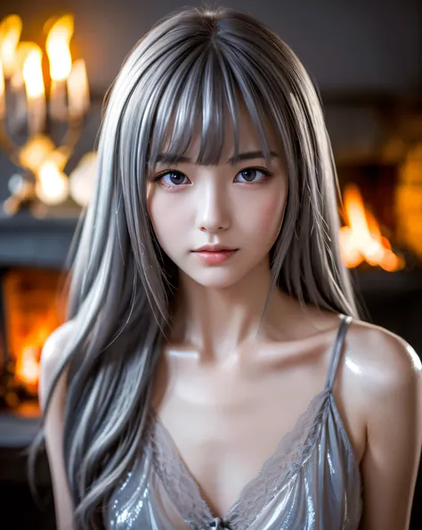 beautiful japanese girl, 16 years old, Western-style interior, lit by the fire in the fireplace, High resolution, 4K, (shiny white hair:1.5), Super Long Straight Silk Hair, asymmetrical bangs, thin eyebrows, big magic eyes, Detailed red eyes, Smooth, white...