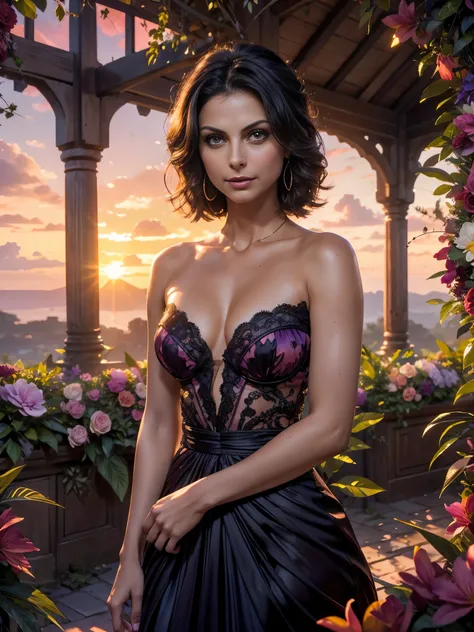 Foto hiperrealista en primer plano de Morena Baccarin masterpiece, best quality, (photorealistic:1.4), (gloss evening dress1.2), cinematic light, skinny, medium breasts, black long wavy hair, detailed face, smile, facing the camera, summer, tropical, jungl...