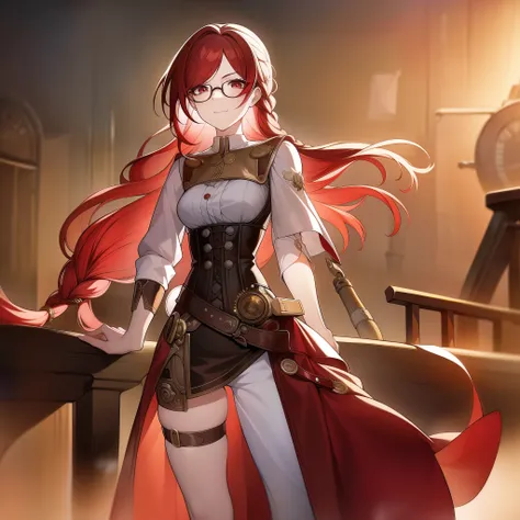 Woman with red hair, Hairstyle braid, tail, long hair, small bangs, Glasses, Adult woman, short girl, brown eyes, Round eyes, a white blouse, Steam punk, a corset, Steam punk одежда, short shorts, bare legs, Graceful hands, High quality, masterpiece, smile...