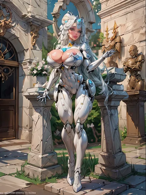 ((Portrait)), ((Official art)), turning head looking to viewer, ((stone statue:1.4)), There is a ((woman marble statue)) in a robot suit ((posing next to an futuristic Roman building)), ((long side burns)), ((long hair bangs)), Beautiful girl half cyborg, ...