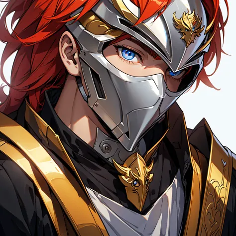 anime, masterpiece, best quality, by professional artist, male, solo, portrait, detailed composition, detailed eyes, white background, red orange hair, wearing a silver and gold full face helmet that also covers his mouth, silver medieval armor, glowing bl...