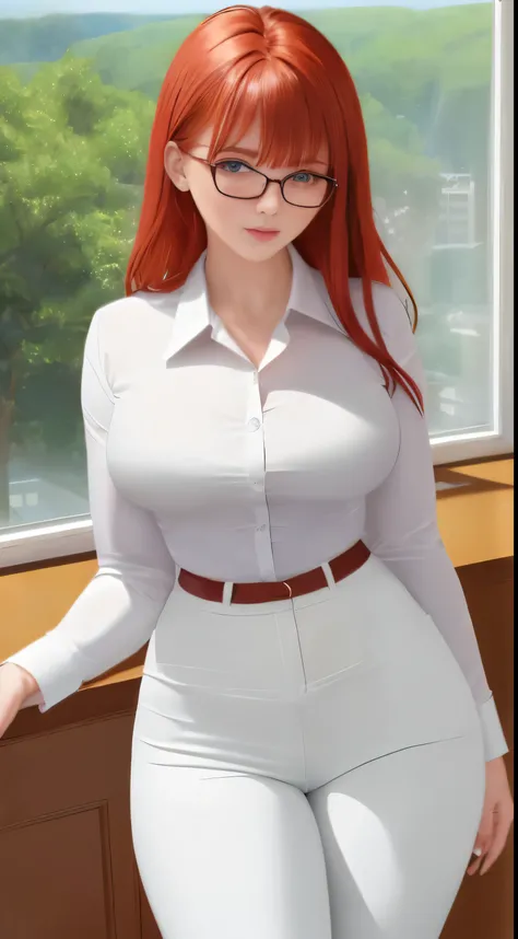 /paint (masterpiece, Best quality), 8K, ultra detailed, realistic photo, Detailed face, perfect lighting, Beautiful eyes, bright red hair, bright hair, nice legs, side photo, beautiful, Cute, skin pores, 1 girl, stand in the office, hiking, Office pants, p...