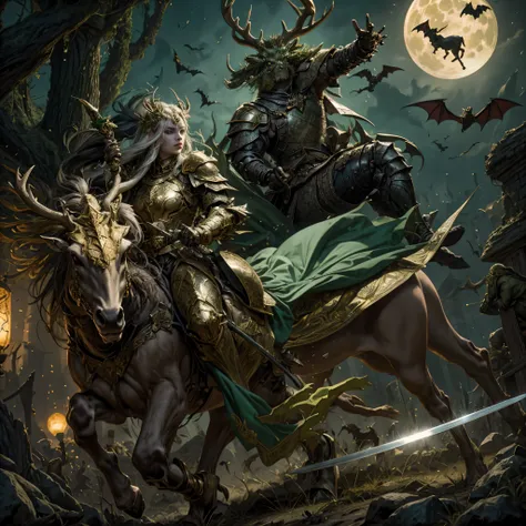 middle-age, heavy armor, The armor is studded with gold leaf..., green deer, blood flowing from head, holding a long sword, Bright Moon, battle, monster, bats are flying.,