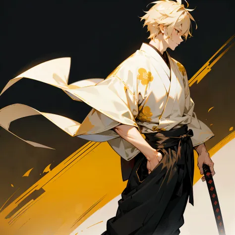 1male , Adult Male , White ish Pale Blonde Hair , Golden Eyes , Messy Hair , Samurai Clothing , Unique Martial Arts Clothing , White and Gold Yukata , Japanese Estate Background , Japanese House Background,Standing on path , Katana on hip , Black Baggy Pan...