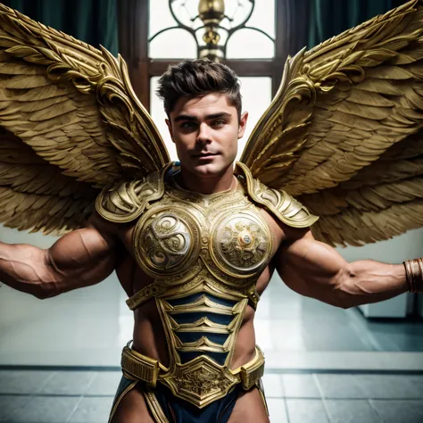 portrait of a stunningly beautiful. Zac Efron fairy in symmetrical beautiful armor light, and  beautiful wings,mister olympia anatomy,broad muscle legs,big delts,ripped,intricate, elegant, depth of field, zeiss lens, detailed, symmetrical, centered, fashio...