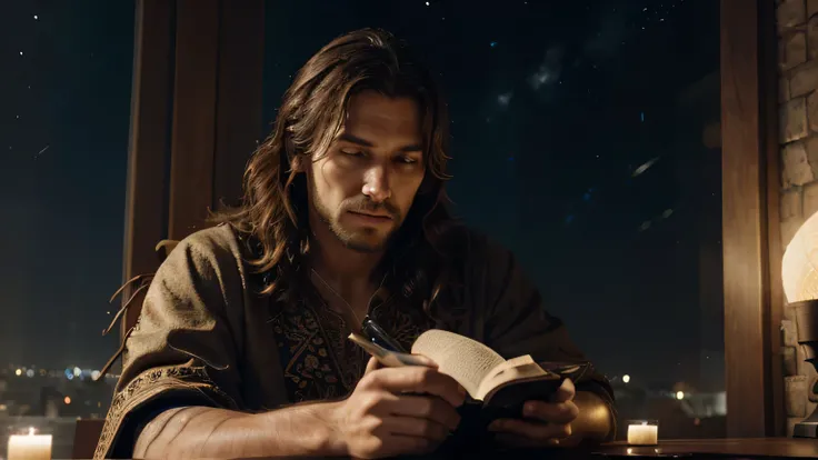 realista portrait of a man, biblical character, olhando para as estrelas, with an open Bible in hands, SKY night view, Ultra-HD, realista, cores vivas, altamente detalhado, Desenho UHD, caneta e tinta, perfect composition, beautiful intricate details incre...