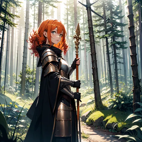 Una mujer joven con cabello naranja y rizos., Lleva armadura medieval. Mago. Ella mira al horizonte. she holds a magic staff in her hand. It&#39;s in a forest clearing.. estilo animado. medieval.