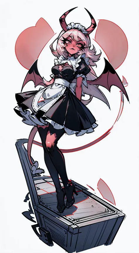 Veronica，（solo:2），（a girl），devil girl，Has a pair of goat horns and hooves，Skin is dark red，（Wearing a maid dress），visual lens，Calm eyes，（Possess red hair、corner ornaments，Repeatedly emphasize the presence of angles:0.8)，devil horns，（Place your hands behind...