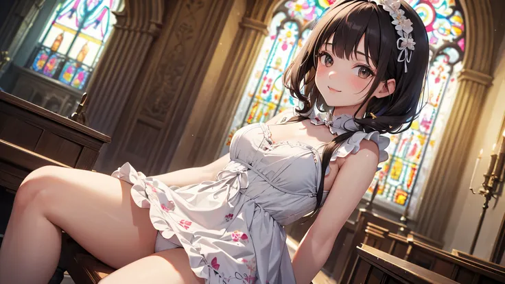 very cute and beautiful girl,(highly detailed beautiful face), (smile),blush,black hair,looking at viewer,(floral pattern brown lolita dress with detailed frills),detailed lace, sitting,(spread legs),arms behind back,(white panties), altar,church,indoors, ...