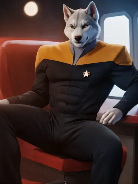 barefoot brawny Bolt (anthro dog with white fur), exudes confidence and authority as he sits in the captains chair, and his Star Trek uniform with the Starfleet Delta badge on his chest is a perfect match for his muscular figure. Handsome clawed feet paws ...