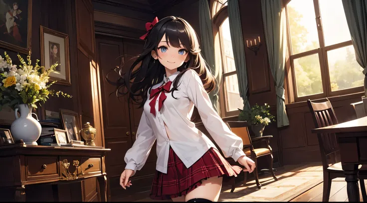 very cute and beautiful girl,(highly detailed beautiful face and eyes:1.2),(smile),(mid shot),
(white blouse with detailed frills),long sleeve BREAK detailed legs,zettai ryouiki,
standing,stylish pose,
dynamic angle,hair ribbon,black hair,hime cut,(scarlet...