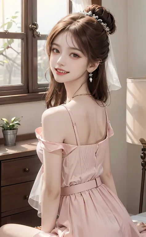 ((Upper body)), ((from below)), ((actual)), 1 Asian female model, a young girl, (close up), (in the room, sitting position, Leaning against the dresser), look out the window, Pleasant posture, Various postures attract attention, Detailed scene, bun hair, h...