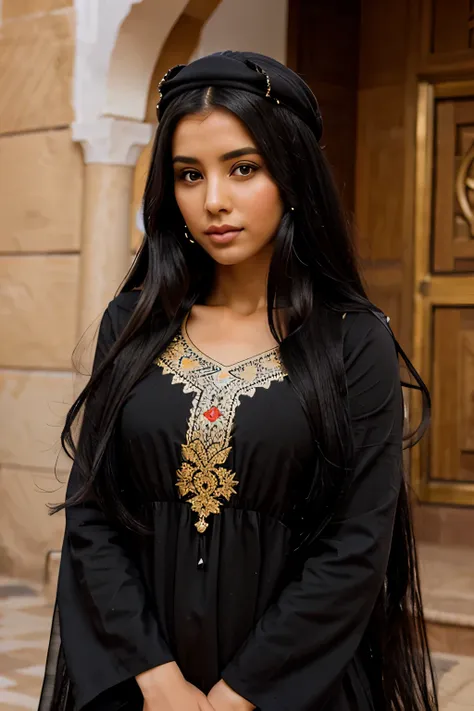 belle fille amazighe marocaine longs cheveux noirs dans une belle robe caftan marocaine 