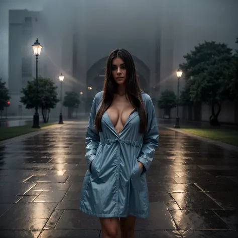 A completely empty square in the evening fog, tiled. No houses or streetlights. Huge square, the edges disappear in the fog. In the center of the frame stands a long-haired girl in a raincoat over her naked body. Low light, only the reflected light of the ...