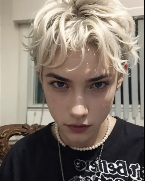 arafed boy with a pearl necklace and a necklace on his neck, el tiene pelos gris oscuro, xxxtentacion, flequillo blancopelo negro, su cabello es desordenado y salvaje, joel fletcher, 18 years, cabello con flequillo blanco, Pelo blanco loco, su cabello esta...