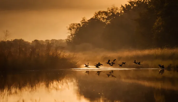 Migratory Journey: Illustrate a montage of ducks in flight, migrating across vast landscapes. Emphasize the freedom and endurance required for their long journeys, highlighting the importance of migration in their lives.