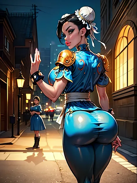 ((Back profile:1.3)), turning head looking to viewer, ((black hair)), (chun -li), ((twin hair buns)), red eye liner, ((long white boots)), ((laces on boots)), ((20tj century Chinese dress)), There is a woman in a ((blue qipao)), ((intricate gold lining)), ...